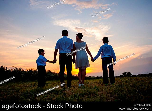 Mother, father and two sons walk in the field and spend the sun, view from back