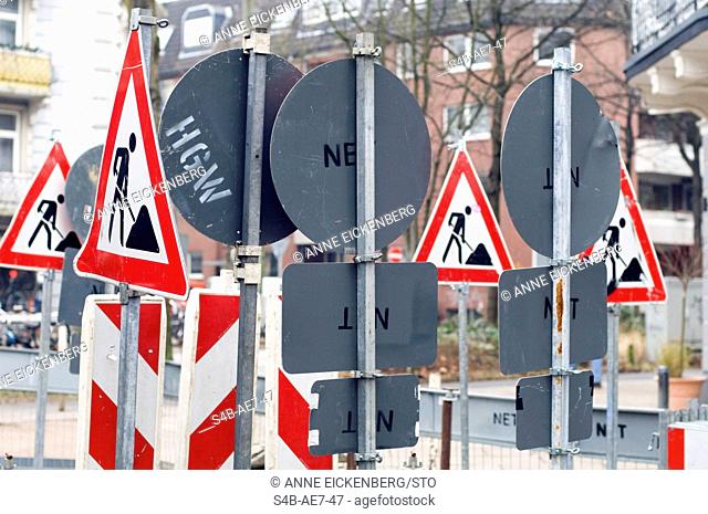 Several road works signs, Hamburg, Germany