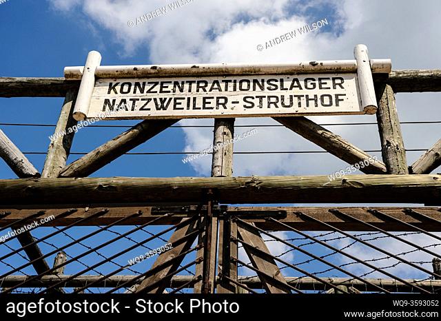 The main gate to the Natzweiler-Struthof German concentration camp located in the Vosges Mountains close to the Alsatian village of Natzwiller