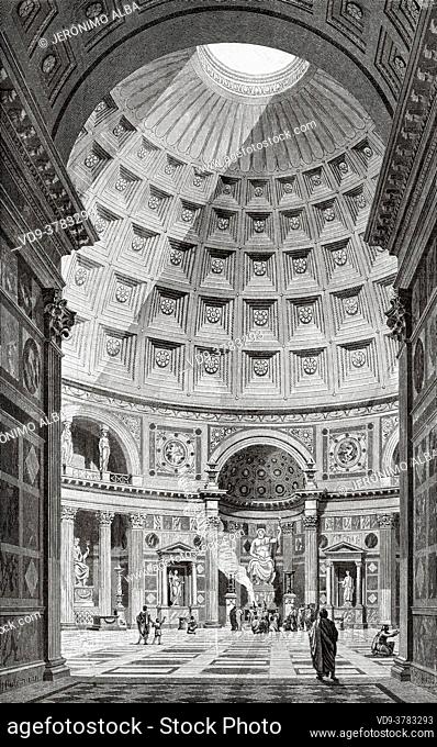 Interior of the Roman Pantheon, Rome, Ancient roman empire. Italy, Europe. Old 19th century engraved illustration, El Mundo Ilustrado 1881