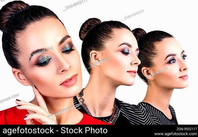 Collage of woman's faces with perfect make-up over white background