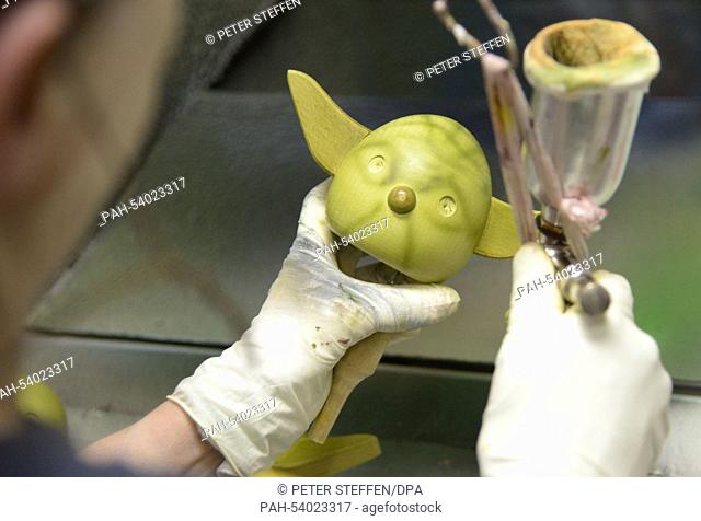 A Steinbach employee paints a wooden Yoda nutcracker in the production center in Hohenhameln,  Germany, 13 November 2014