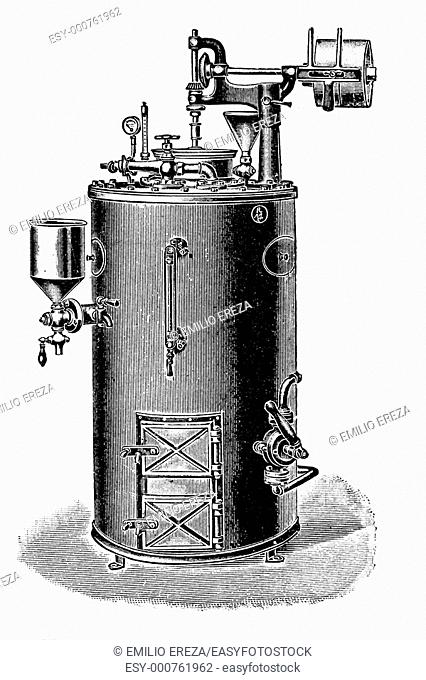 Steam pasteurization. Old book illustration, 1900
