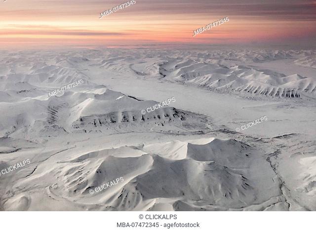 Aerial view of Spitsbergen at night in early spring, Svalbard