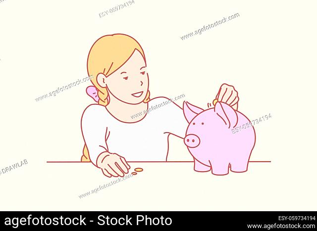 Money, savings, childhood, skill concept. Smiling little girl saving money in piggybank for shopping. Happy young lady funding future capital