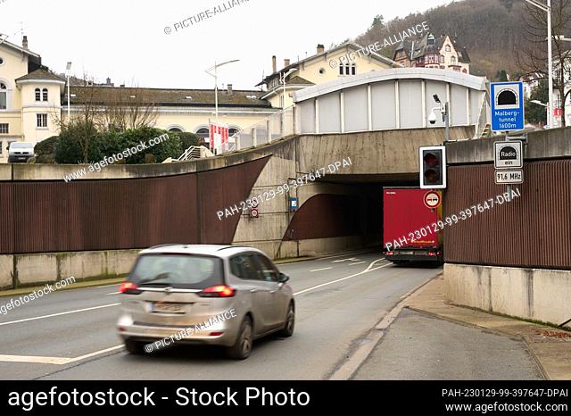 24 January 2023, Rhineland-Palatinate, Bad Ems: Cars drive through the 1.6-kilometer Malberg Tunnel in Bad Ems. Of the three major cell phone networks