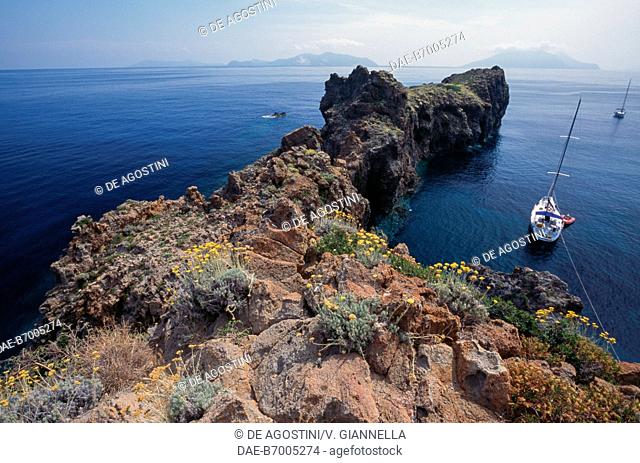 View of Cala Junco from Punta Milazzese, Panarea Island, Aeolian Islands (UNESCO World Heritage List, 2000), Sicily, Italy