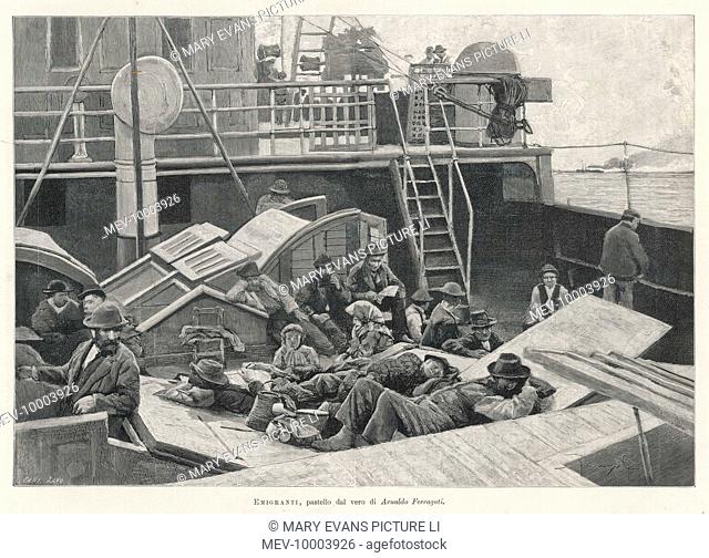 Emigrants travelling steerage sit or sleep on deck as their ship carries them to America
