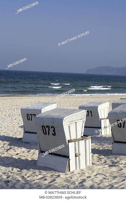 Sea, sandy beach, wicker beach chairs,  number, rear view,   Series, beach, beach, sand, seat, symbol, relaxation, recuperation, relaxen, resting, abandoned