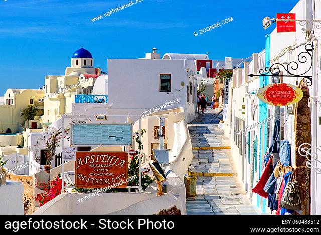 The main street with shops in Oia, Santorini, Greece