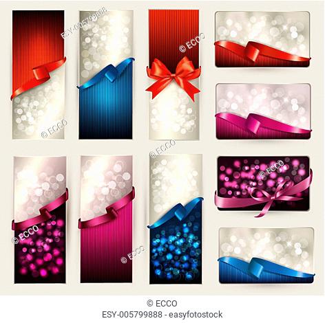 Set of beautiful Gift cards and banners with color gift ribbons