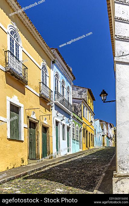 Cobbled streets and slopes and colorful colonial-style historic houses in the Pelourinho district of Salvador, Bahia