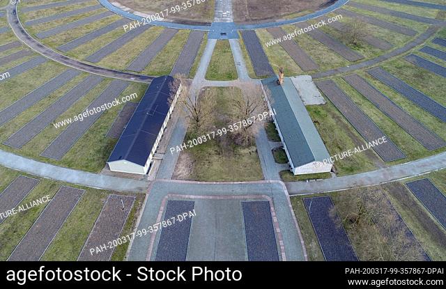 04 March 2020, Brandenburg, Oranienburg: The grounds of the Sachsenhausen memorial (aerial photograph taken with a drone)