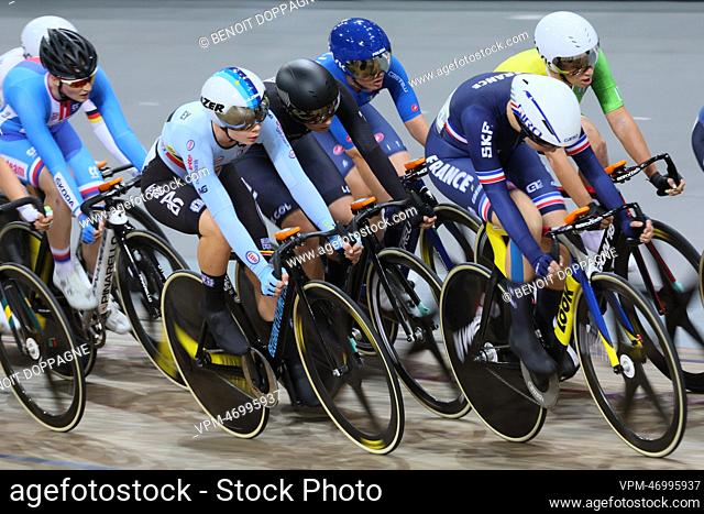 Belgian Lotte Kopecky pictured in action as she finished first and won a gold medal at the Women's elimination race track cycling event at the 2022 world...