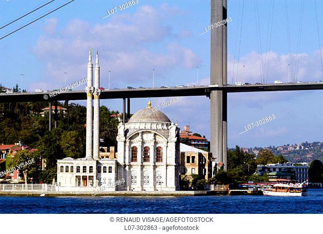 Bosphorus Bridge and Buyuk Mecidiye Mosque. Istanbul. Turkey