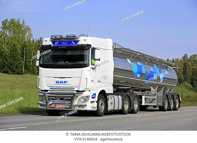 DAF XF510 semi tanker of Jani Kola Oy delivers Valio milk in Uurainen, Finland - August 24, 2018. Milk semi tankers are not an usual sight in Finland