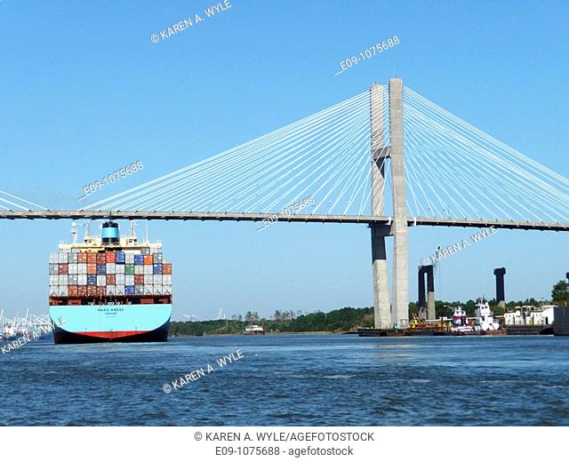 Maersk Line container ship passing beneath Talmadge Memorial Bridge, Savannah River, Savannah, Georgia