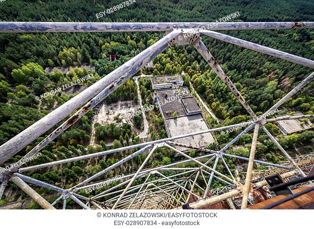 Aerial view from Duga radar system in Chernobyl-2 military base, Chernobyl Nuclear Power Plant Zone of Alienation around nuclear reactor disaster in Ukraine