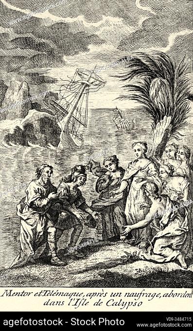 Mentor and Telemachus after a shipwreck address in the island of Calypso. Old 18th century engraving from the book the adventures of Telemachus son of Ulysses...