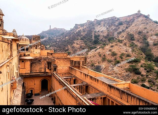 the view of jaigarh fort from amer fort in jaipur, india
