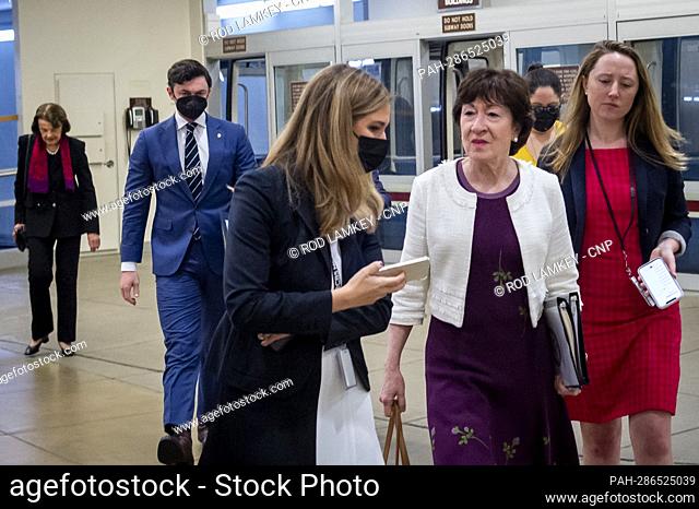 United States Senator Susan Collins (Republican of Maine) walks through the Senate subway during a vote at the US Capitol in Washington, DC, Wednesday, May 11