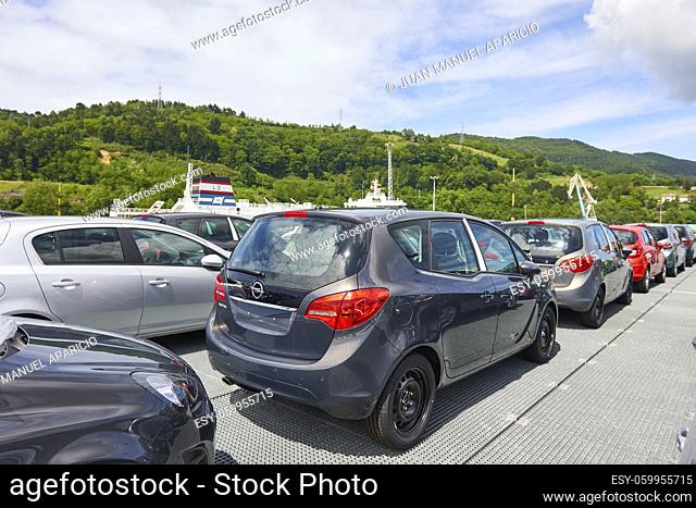 new cars waiting to be exported in the port of Pasaia, Guipuzkoa, Basque Country, Spain, Europe