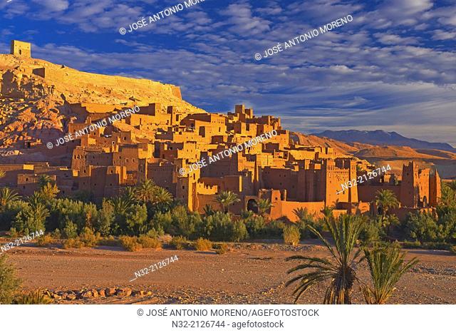 Ait Benhaddou Kasbah at dawn, Morocco, High Atlas Mountains, ksar Ait Benhaddou, Ouarzazate Province, Souss-Massa-Draâ region, UNESCO World Heritage Site