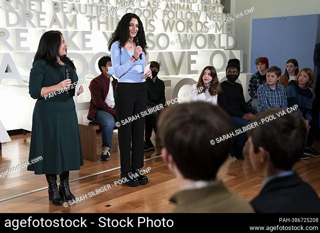 Poet Laureate of the United States Ada Limón and former National Student Poet Maya Salameh read poetry to First lady Dr. Jill Biden hosts Brigitte Macron of...