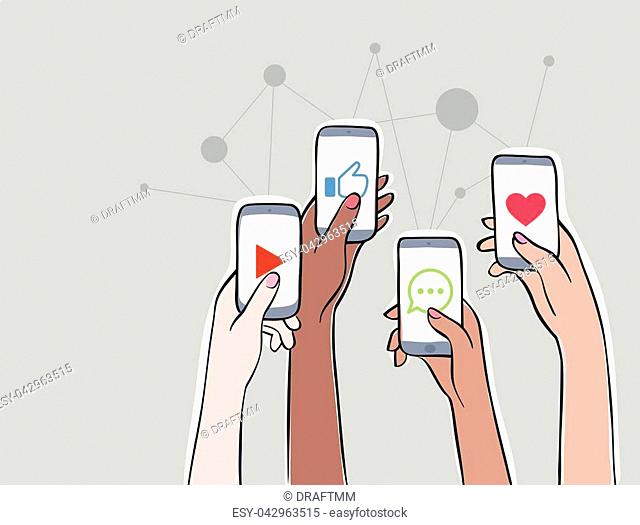 Women on social network. Hands holding smartphones with apps icons. Online communication and connection