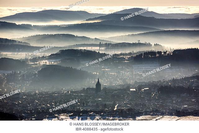 View from Scharfenberg on Brilon with Provost Church of St. Peter and Andrew, behind the Sauerland hills, Brilon, Sauerland, North Rhine-Westphalia, Germany