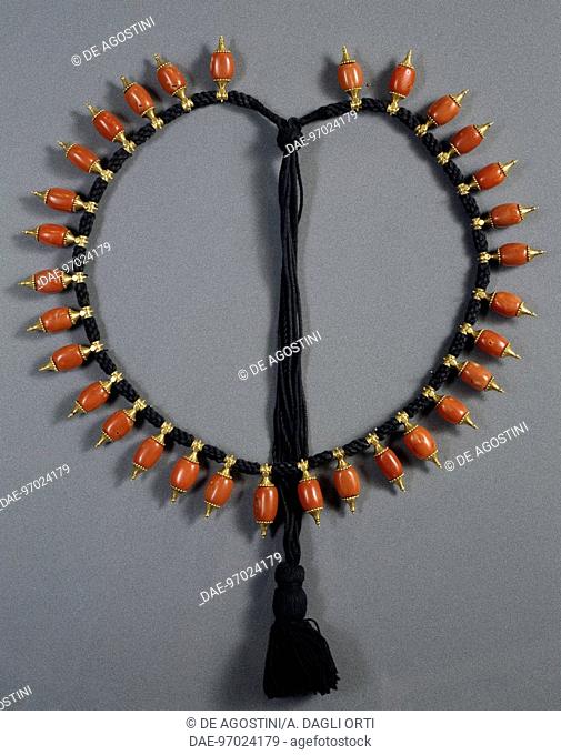 Brahmanic necklace in gold, coral and rubies, Tamil Nadu and Kerala, India.  Private Collection