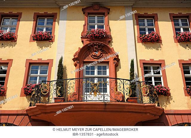 Decorative balcony of the Altes Buergerhaus building from 1775, marketplace, Endingen am Kaiserstuhl, Baden-Wuerttemberg, Germany, Europe