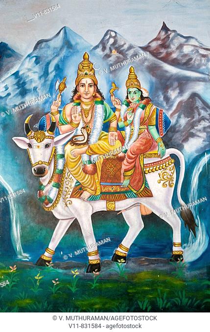 Lord Shiva and Parvathi on Rishaba- Painting in Katchabeswarar Temple, Kanchipuram, Tamil Nadu