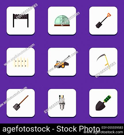 Flat Icon Farm Set Of Lawn Mower, Wooden Barrier, Trowel And Other Vector Objects. Also Includes Bbq, Spade, Tool Elements