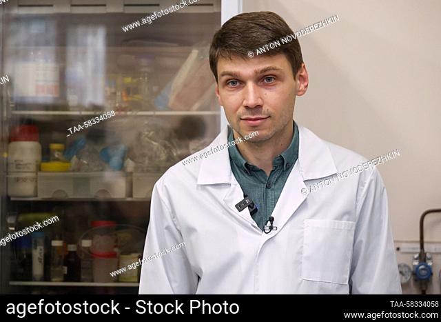 RUSSIA, MOSCOW - APRIL 7, 2023: Nikita Sidorov, head of a polymer materials laboratory of the Kurchatov complex of NBICS nature-like technologies at the...