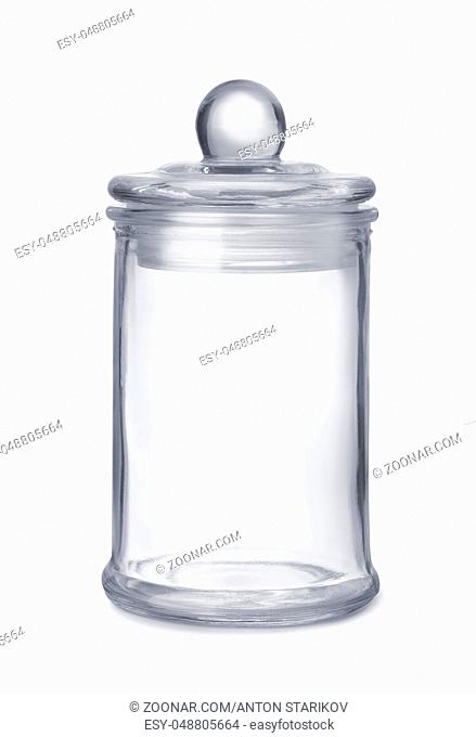 Front view of glass kitchen jar isolated on white