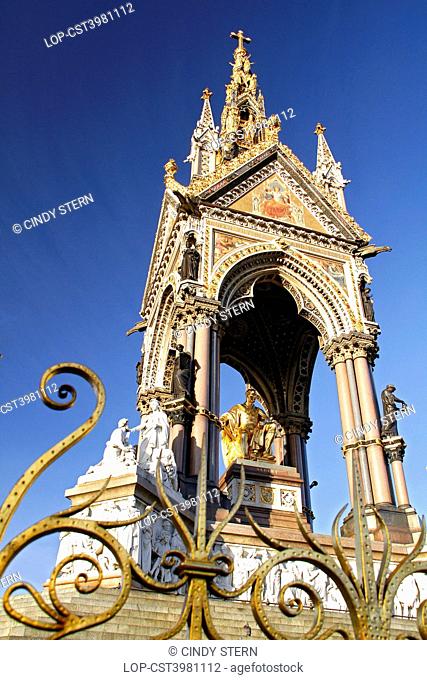 England, London, Kensington Gardens. The Albert Memorial in Kensington Gardens, created in 1872 in memory to Queen Victoria's husband who died of Typhoid fever...