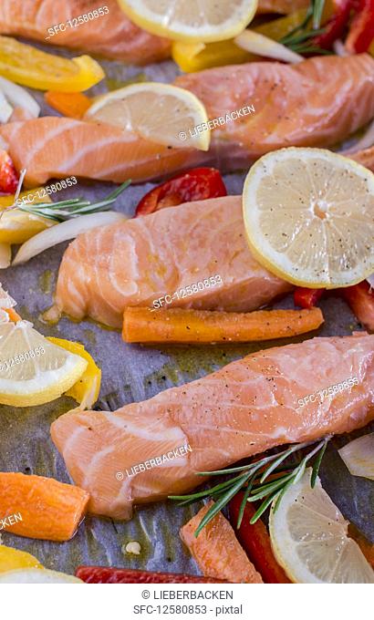 Lemon salmon with peppers, carrots, olive oil and rosemary on baking paper