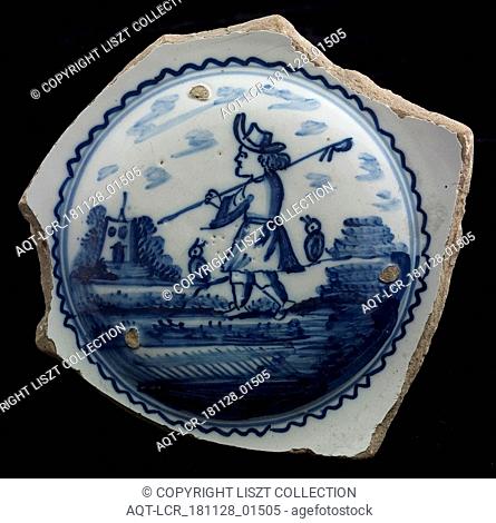 Fragment majolica dish, blue on white, on convex mirror image shepherd in landscape, plate crockery holder soil find ceramic earthenware glaze