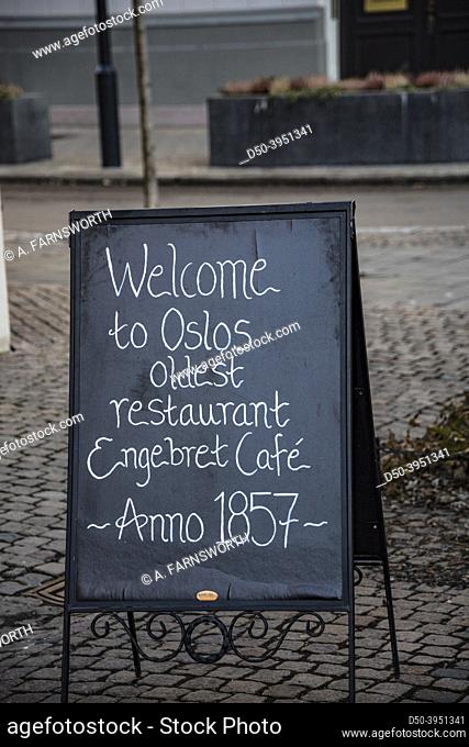 Oslo, Norway A chalkboard sign for Oslo's oldest restaurant, from 1857 called the Engebret cafe