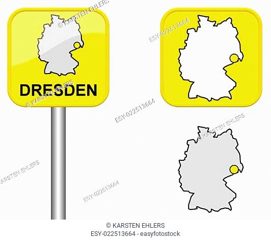Ortsschild, Deutschlandkarte und Button von Dresden