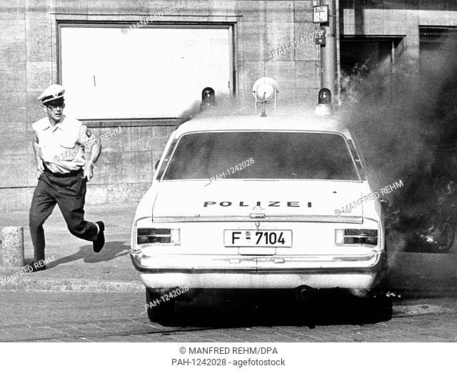 View of a burning police car. Demonstrants and police were involved in one of the ""most brutal conflict"" in the past years on the 10th of May in 1976 in...