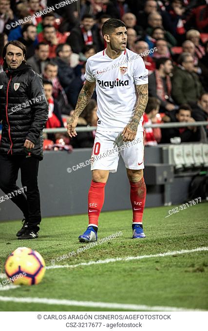 Ever Banega, Sevilla player, in the Spanish League match between Athletic Club Bilbao and Sevilla FC at San Mames Stadium on January 13, 2019 in Bilbao, Spain