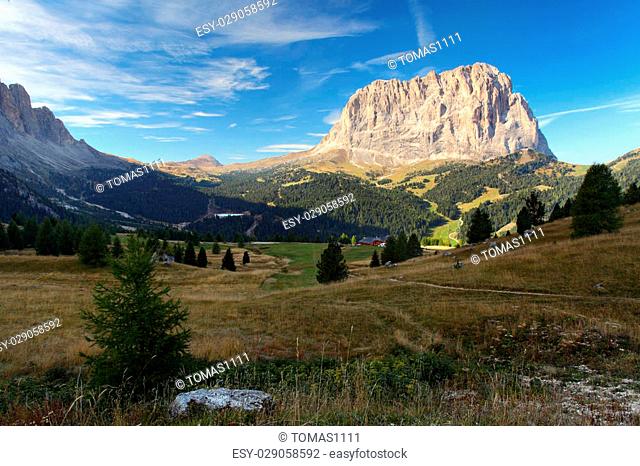 Gardena valley and Sassolungo (Langkofel) in Dolomites
