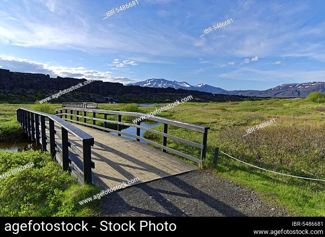 Small Bridge, Allman's Gorge, Pingvellir National Park, Pingvellir, Pingvallavattn, Golden Circle, Golden Triangle, Iceland, Europe