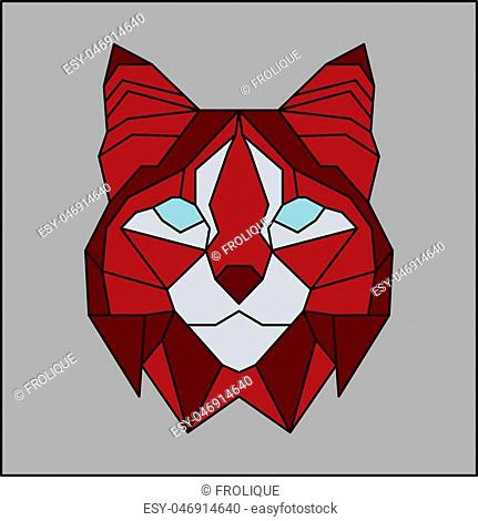 Red and grey low poly bobcat. Geometric line art