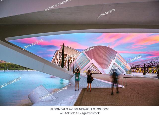 In the foreground Hemisferic. In the background Principe Felipe Science Museum. City of Arts and Sciences. . Architect Santiago Calatrava. Valencia