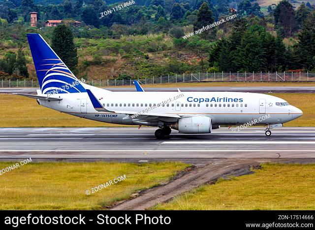 Medellin, Kolumbien - 25. Januar 2019: Ein Boeing 737-700 Flugzeug der Copa Airlines mit dem Kennzeichen HP-1375CMP auf dem Flughafen Medellin Rionegro (MDE) in...