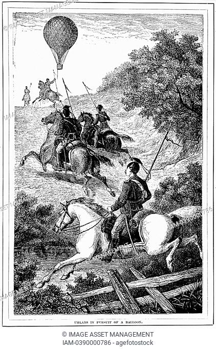 Franco-Prussian War 1870-1871: Prussian Uhlans chasing a balloon which had escaped from the besieged city of Paris  Wood engraving, 1881