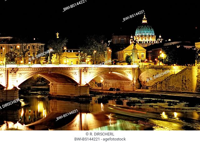 Ponte Vittorio Emmanuel II with St. Peter's Basilica at night, Italy, Rome, Vatican City